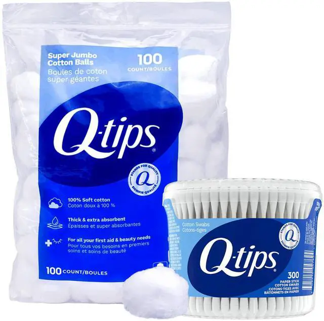 Main image of Cotton Swabs 300 Count Vanity Tub + Super Jumbo Cotton Balls 100 Count for Home, First Aid and Beauty, Natural