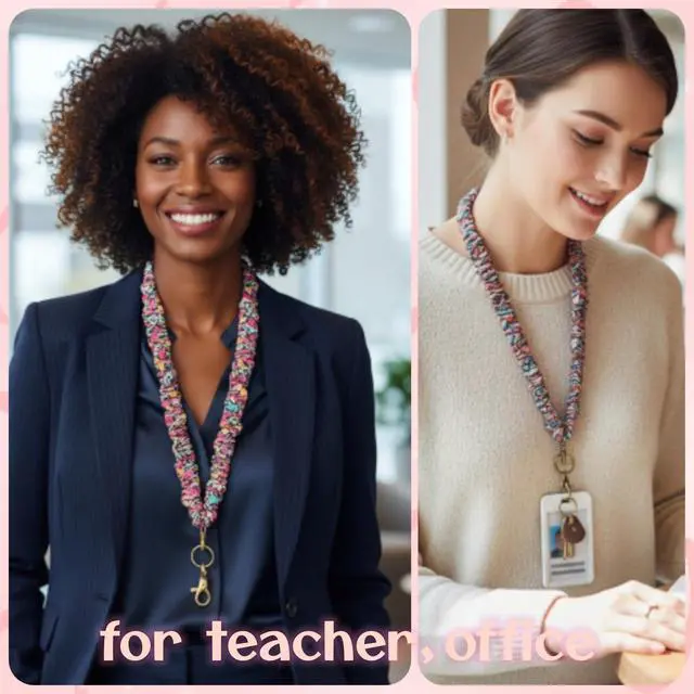Alt view image 2 of 7 - 2 Pcs Scrunchie Lanyard, Scrunch Teacher Lanyard for Women for ID Badges Keys Scrunchy Cute Stretchy Badge Holder Neck Keychain with Clip