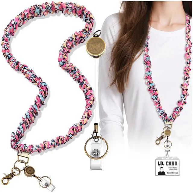 Main image of Scrunchie Lanyard Teacher for Id Badges Keys with Retractable Badge Reel Cute Teacher Lanyard for Women Black Nurse Stretchy Lanyards Key Lanyards with Clip Teachers Nurse Gifts Office Accessories-A