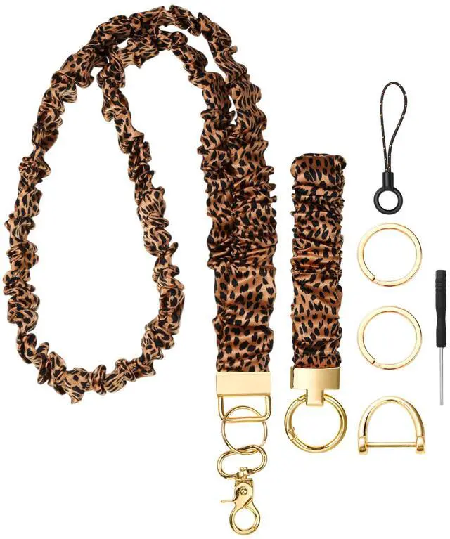 Main image of 2 Pcs Stretchy Scrunchie Teacher Lanyard for ID Badges Cute Wristlet Retractable Keychain Car Keys Holder for Women(Polka Dots,Brown)