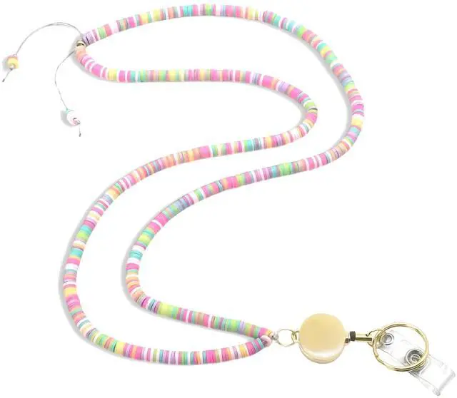 Main image of Retractable Beaded Teacher Lanyard for Women with Id Holder Badge Reel Cute Lanyards for Id Badges Cruise Ship Cards Keys, Boho Candy Pink