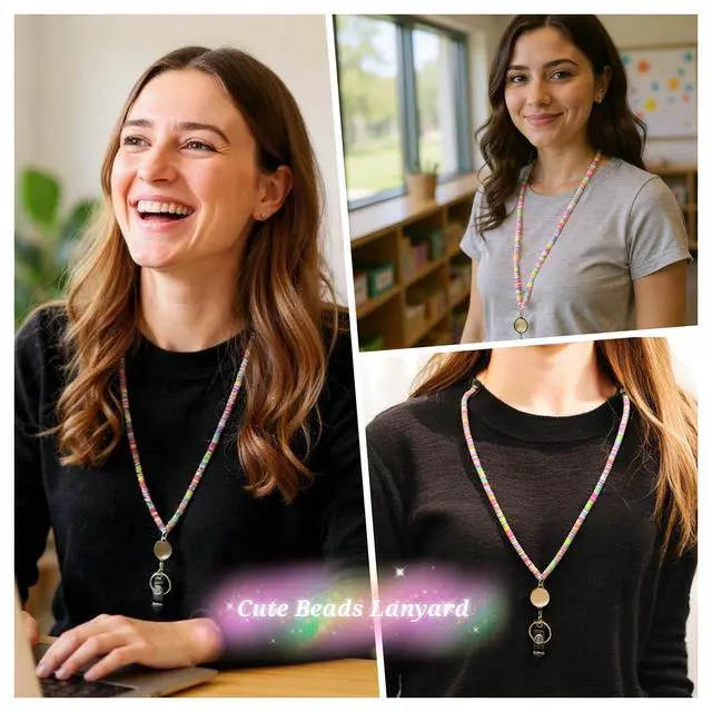 Alt view image 6 of 7 - Retractable Beaded Teacher Lanyard for Women with Id Holder Badge Reel Cute Lanyards for Id Badges Cruise Ship Cards Keys, Boho Candy Pink