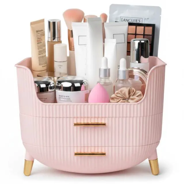 Main image of Makeup Organizer with Drawers, Skincare Storage Box for Vanity, Multiple Compartments, Portable Cosmetic Display Case with Handle, Large Make up Organizers for Dresser, Bathroom, Bedroom, Pink