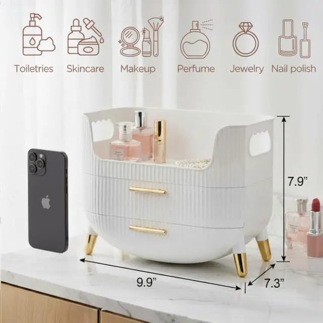 Alt view image 3 of 7 - Makeup Organizer with Drawers, Skincare Storage Box for Vanity, Multiple Compartments, Portable Cosmetic Display Case with Handle, Large Make up Organizers for Dresser, Bathroom, Bedroom, Pink