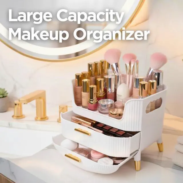 Alt view image 2 of 7 - Makeup Organizer with Drawers, Skincare Storage Box for Vanity, Multiple Compartments, Portable Cosmetic Display Case with Handle, Large Make up Organizers for Dresser, Bathroom, Bedroom, Pink