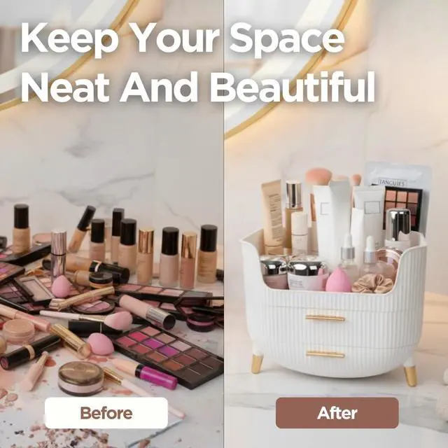 Alt view image 6 of 7 - Makeup Organizer with Drawers, Skincare Storage Box for Vanity, Multiple Compartments, Portable Cosmetic Display Case with Handle, Large Make up Organizers for Dresser, Bathroom, Bedroom, Pink