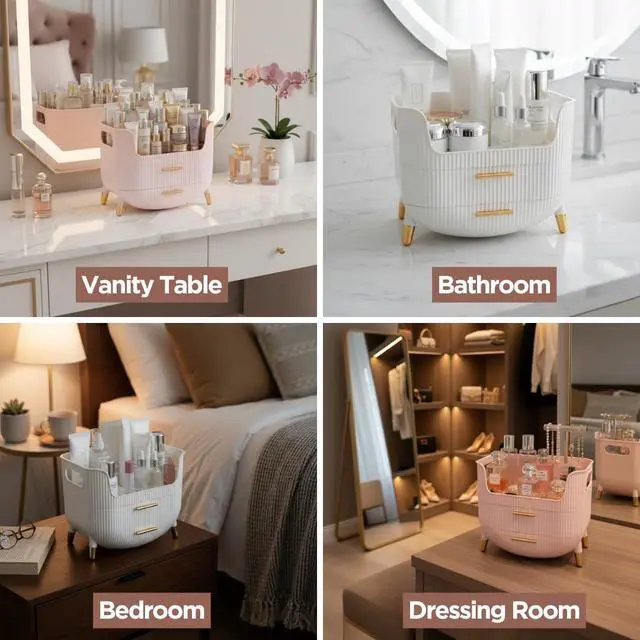 Alt view image 7 of 7 - Makeup Organizer with Drawers, Skincare Storage Box for Vanity, Multiple Compartments, Portable Cosmetic Display Case with Handle, Large Make up Organizers for Dresser, Bathroom, Bedroom, Pink
