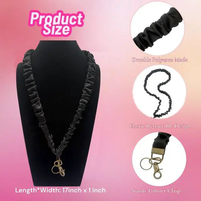 Alt view image 5 of 7 - Scrunchie Lanyard, Scrunch Teacher Lanyard for ID Badges Keys Scrunchy Cute Stretchy Badge Holder Neck Keychain with Clip - Black