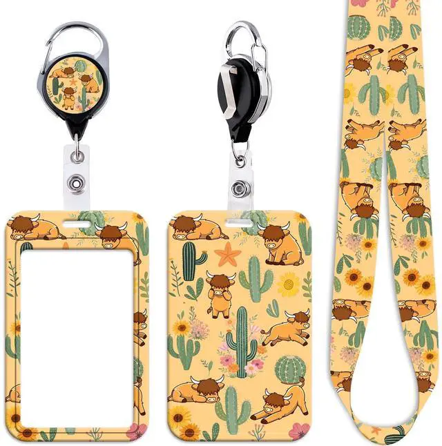 Main image of Cute Highland Cow ID Badge Holder Lanyard Retractable Badge Holder Reel Cactus Keychain Lanyard for ID Badges & Keys for Women Men Kids Staff for Name Tag for Work & School ID Card(Yellow)