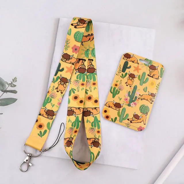 Alt view image 2 of 7 - Cute Highland Cow ID Badge Holder Lanyard Retractable Badge Holder Reel Cactus Keychain Lanyard for ID Badges & Keys for Women Men Kids Staff for Name Tag for Work & School ID Card(Yellow)