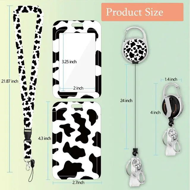 Alt view image 2 of 7 - ID Badge Holder with Lanyard, Retractable Badge Reel with Swivel Belt Clip, Detachable Lanyard Name Card Tag Vertical ID Protector Badge Reel for Nurse Doctor Office Employees (Cow Style)