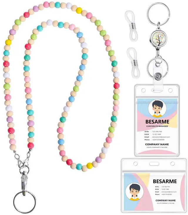 Main image of Lanyards for ID Badges Teacher Gifts Cute Wooden Beaded Lanyard with ID Holder Retractable Badge Reel Keys Eyeglass Chains for Women