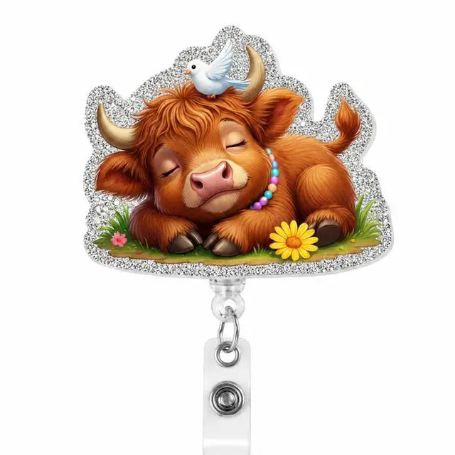 Main image of Cute Highland Cow Badge Reel, Retractable Funny ID Card Holder with Clip