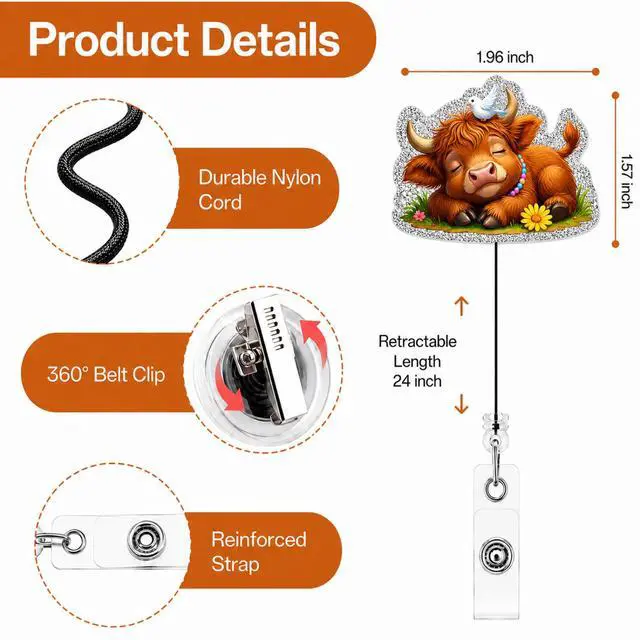 Alt view image 2 of 7 - Cute Highland Cow Badge Reel, Retractable Funny ID Card Holder with Clip
