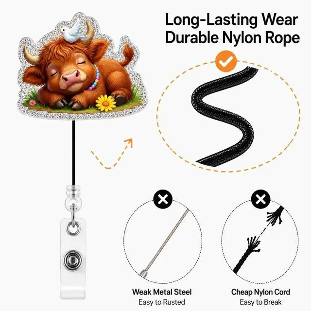 Alt view image 3 of 7 - Cute Highland Cow Badge Reel, Retractable Funny ID Card Holder with Clip