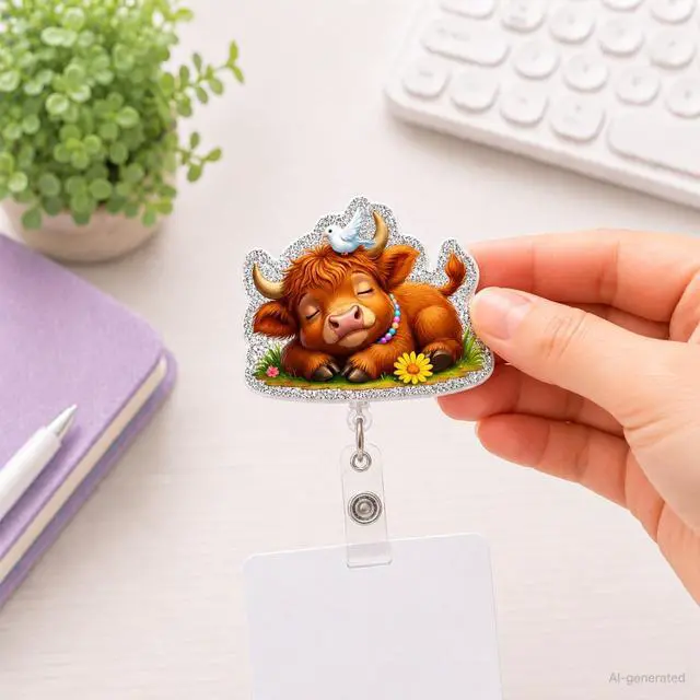 Alt view image 6 of 7 - Cute Highland Cow Badge Reel, Retractable Funny ID Card Holder with Clip