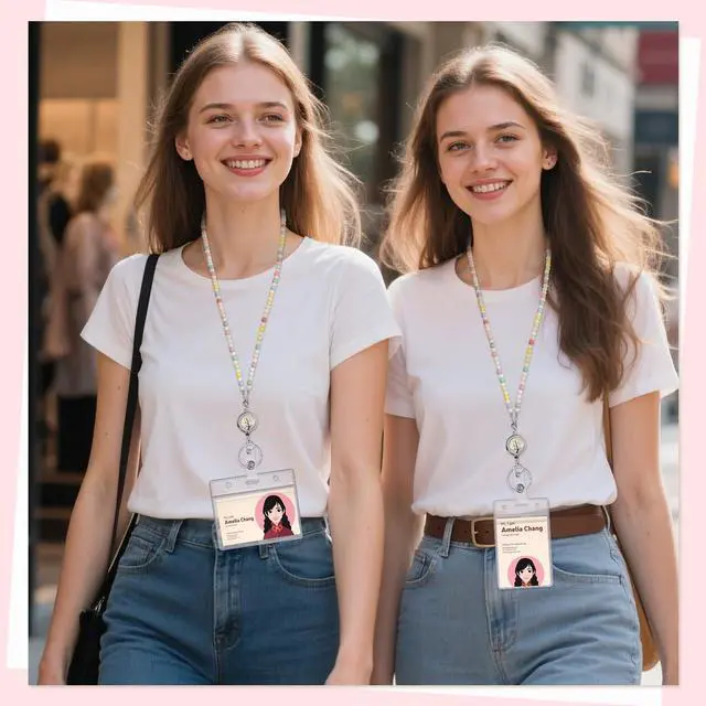 Alt view image 6 of 7 - Lanyards for ID Badges Teacher Gifts Cute Wooden Beaded Lanyard with ID Holder Retractable Badge Reel Keys Eyeglass Chains for Women