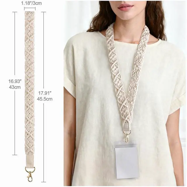 Alt view image 2 of 7 - Macrame Lanyard Holder Neck Lanyards for ID Badges Keys Key Chain Boho Style Long Lanyard Strap for Women Teacher Employee Student, 17.9"