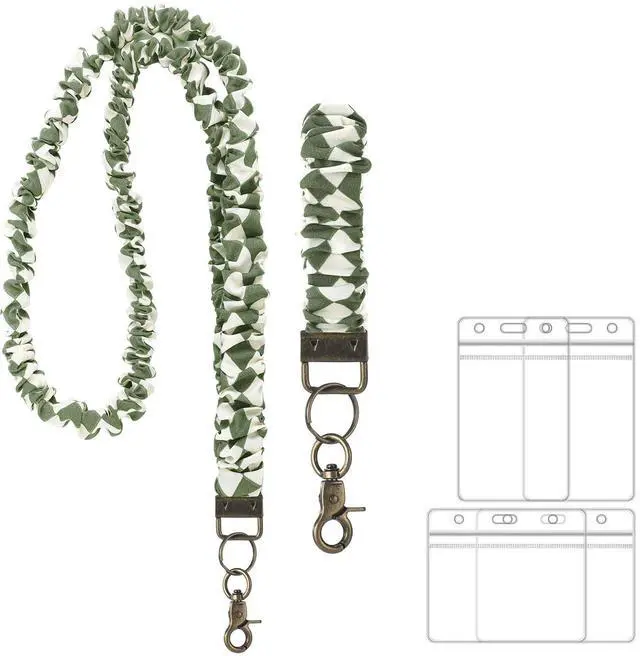 Main image of 2 Set Scrunchie Lanyards with 4 Card Holders for ID Badges and Keys Cute Stretchy Scrunchie Neck and Wrist Lanyards for Teacher Women Nurses School Office Supplies(White Green, Checked)
