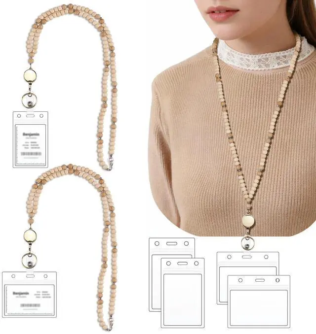 Main image of Lanyards for ID Badges and Keys, 2 Pack Teacher Lanyard with ID Holder, Cute Wooden Beaded Lanyard with Retractable Reel for Women Girls School Work
