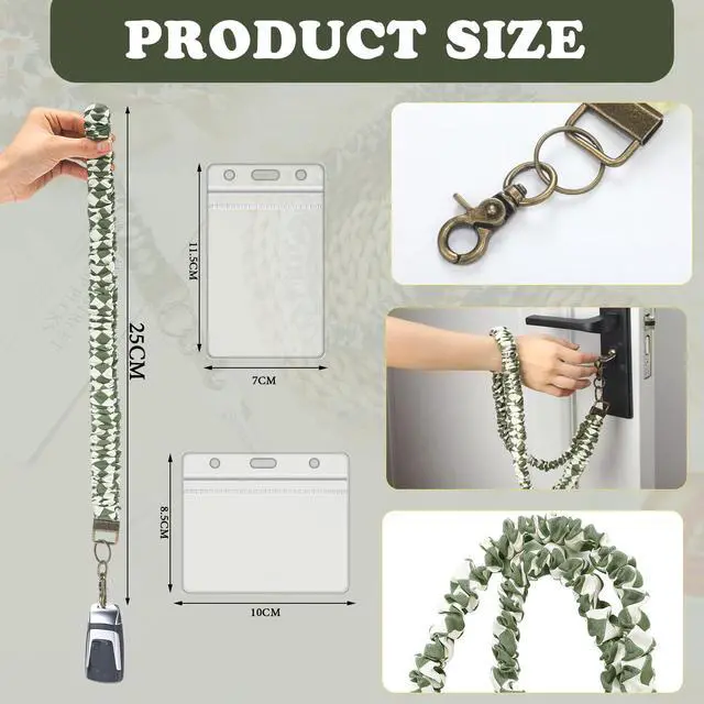 Alt view image 3 of 7 - 2 Set Scrunchie Lanyards with 4 Card Holders for ID Badges and Keys Cute Stretchy Scrunchie Neck and Wrist Lanyards for Teacher Women Nurses School Office Supplies(White Green, Checked)