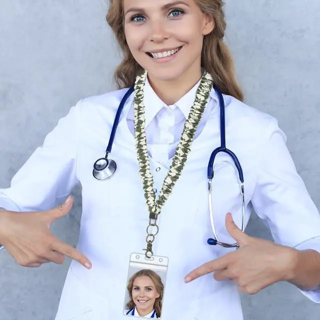 Alt view image 7 of 7 - 2 Set Scrunchie Lanyards with 4 Card Holders for ID Badges and Keys Cute Stretchy Scrunchie Neck and Wrist Lanyards for Teacher Women Nurses School Office Supplies(White Green, Checked)