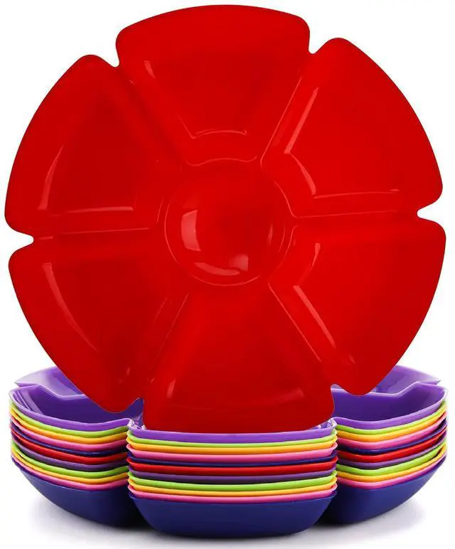 Main image of 12 Pcs Plastic Snack Serving Tray, 12 Inch Unbreakable Chip and Dip Divided Serving Plates, Round 7 Compartments Multifunctional Food Platter for Snack, Nuts, Candy, Dried Fruit, Veggies