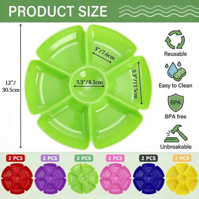 Alt view image 2 of 7 - 12 Pcs Plastic Snack Serving Tray, 12 Inch Unbreakable Chip and Dip Divided Serving Plates, Round 7 Compartments Multifunctional Food Platter for Snack, Nuts, Candy, Dried Fruit, Veggies