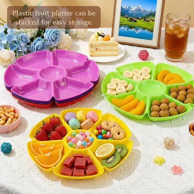 Alt view image 7 of 7 - 12 Pcs Plastic Snack Serving Tray, 12 Inch Unbreakable Chip and Dip Divided Serving Plates, Round 7 Compartments Multifunctional Food Platter for Snack, Nuts, Candy, Dried Fruit, Veggies