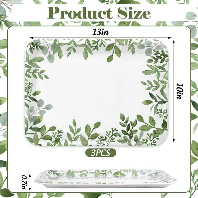 Alt view image 2 of 7 - 3Pcs Greenery Serving Trays Reusable Melamine Platters Green Leaves Serving Dishes for Spring Birthday Wedding Party Food Supplies, 10 x 13 Inch