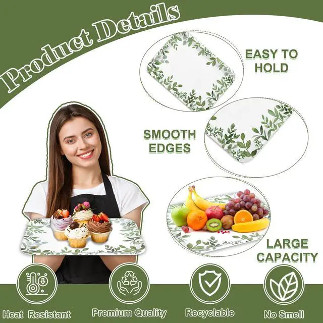 Alt view image 3 of 7 - 3Pcs Greenery Serving Trays Reusable Melamine Platters Green Leaves Serving Dishes for Spring Birthday Wedding Party Food Supplies, 10 x 13 Inch