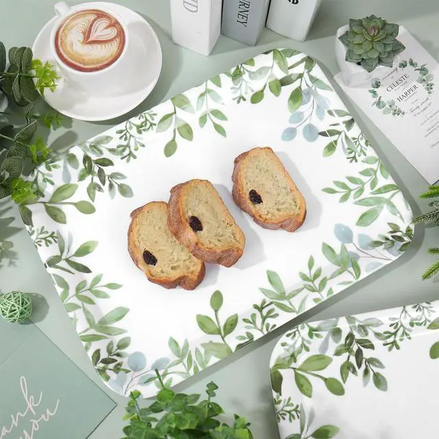 Alt view image 5 of 7 - 3Pcs Greenery Serving Trays Reusable Melamine Platters Green Leaves Serving Dishes for Spring Birthday Wedding Party Food Supplies, 10 x 13 Inch