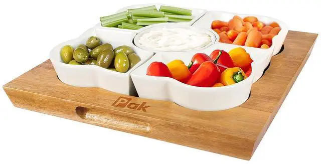 Main image of Acacia Wood Serving Tray, 12" Square, Natural Brown & White, 5-Piece Set, Dishwasher Safe, Freezer & Microwave Safe, Perfect for Appetizer, Veggie, Taco, Fruit Platter