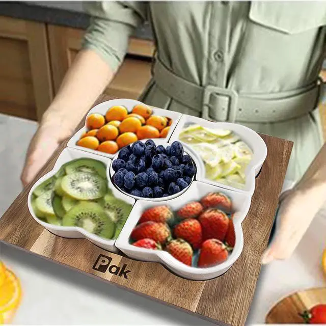 Alt view image 4 of 7 - Acacia Wood Serving Tray, 12" Square, Natural Brown & White, 5-Piece Set, Dishwasher Safe, Freezer & Microwave Safe, Perfect for Appetizer, Veggie, Taco, Fruit Platter