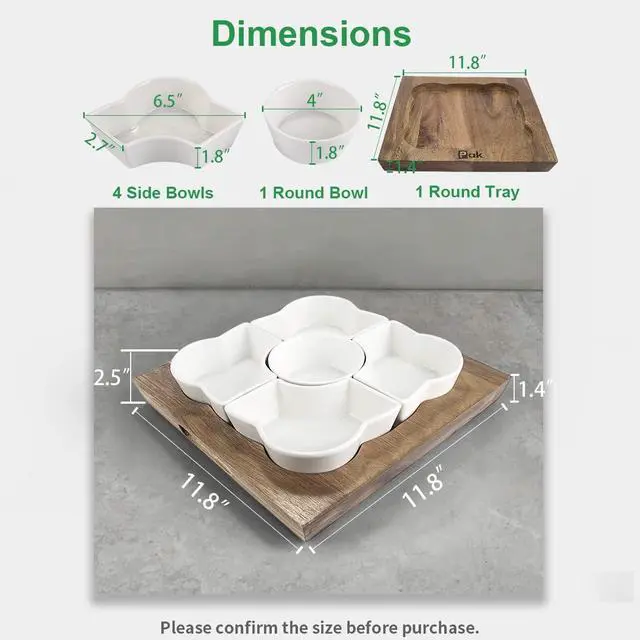 Alt view image 2 of 7 - Acacia Wood Serving Tray, 12" Square, Natural Brown & White, 5-Piece Set, Dishwasher Safe, Freezer & Microwave Safe, Perfect for Appetizer, Veggie, Taco, Fruit Platter