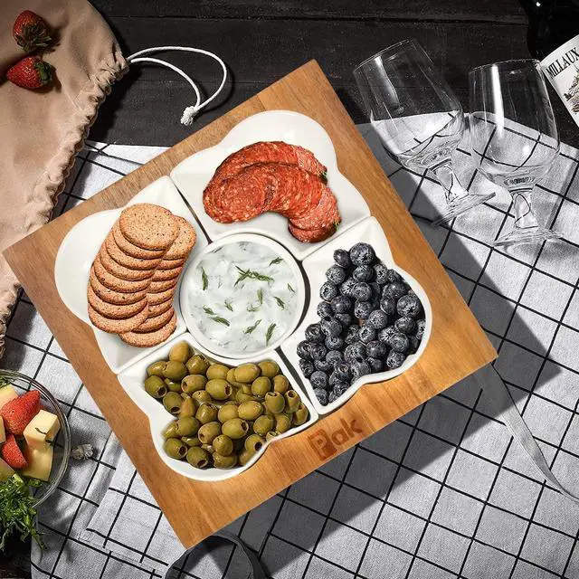 Alt view image 5 of 7 - Acacia Wood Serving Tray, 12" Square, Natural Brown & White, 5-Piece Set, Dishwasher Safe, Freezer & Microwave Safe, Perfect for Appetizer, Veggie, Taco, Fruit Platter