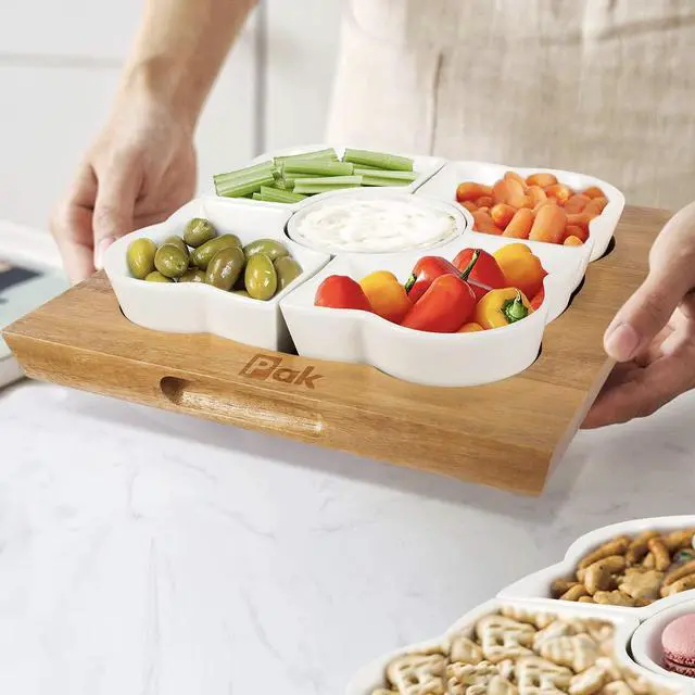 Alt view image 6 of 7 - Acacia Wood Serving Tray, 12" Square, Natural Brown & White, 5-Piece Set, Dishwasher Safe, Freezer & Microwave Safe, Perfect for Appetizer, Veggie, Taco, Fruit Platter