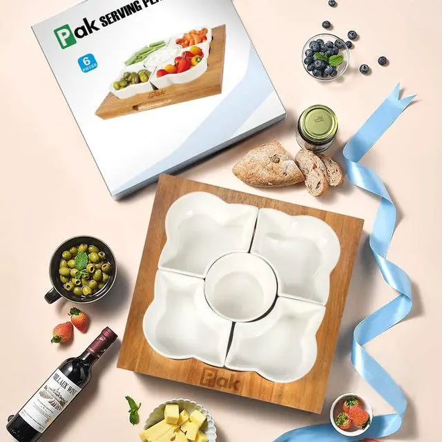 Alt view image 7 of 7 - Acacia Wood Serving Tray, 12" Square, Natural Brown & White, 5-Piece Set, Dishwasher Safe, Freezer & Microwave Safe, Perfect for Appetizer, Veggie, Taco, Fruit Platter