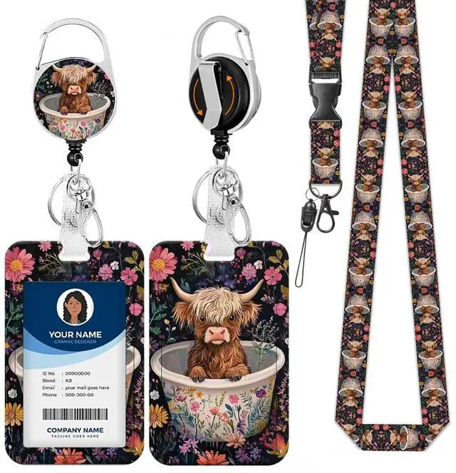 Main image of Cute Highland Cow Breakaway Lanyard for ID Badges with Retractable Badge Reel & Carabiner, Adjustable Name Tag Holder for Teachers, Nurses, Students & Office Workers