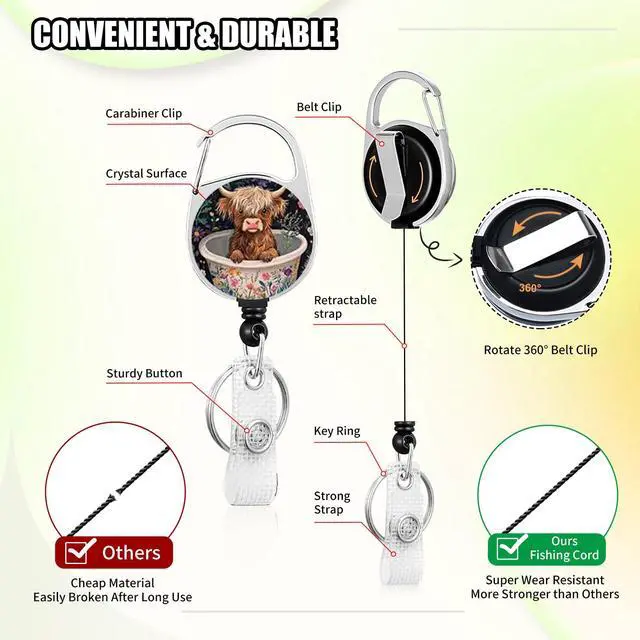 Alt view image 4 of 7 - Cute Highland Cow Breakaway Lanyard for ID Badges with Retractable Badge Reel & Carabiner, Adjustable Name Tag Holder for Teachers, Nurses, Students & Office Workers
