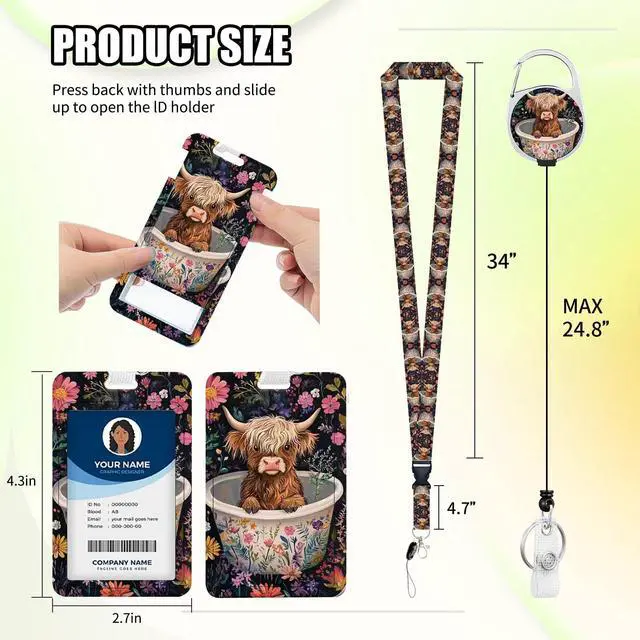 Alt view image 3 of 7 - Cute Highland Cow Breakaway Lanyard for ID Badges with Retractable Badge Reel & Carabiner, Adjustable Name Tag Holder for Teachers, Nurses, Students & Office Workers