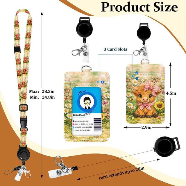 Alt view image 2 of 6 - Leather Badge Holder with Adjustable Retractable Lanyards, RFID Blocking ID Badge Card Holder, Quick Release Buckles and Breakaway Lanyards for Office School Business-Highland Cow