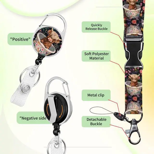Alt view image 6 of 7 - Cute Highland Cow Breakaway Lanyard for ID Badges with Retractable Badge Reel & Carabiner, Adjustable Name Tag Holder for Teachers, Nurses, Students & Office Workers