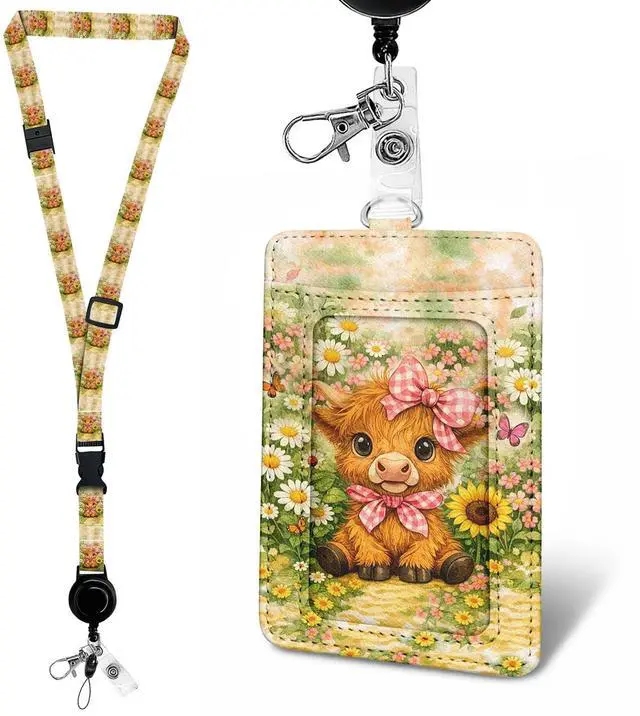 Main image of Leather Badge Holder with Adjustable Retractable Lanyards, RFID Blocking ID Badge Card Holder, Quick Release Buckles and Breakaway Lanyards for Office School Business-Highland Cow