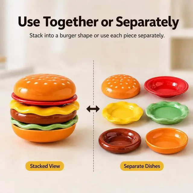 Alt view image 6 of 7 - 6-Piece Stackable Ceramic Burger Plate Set for Sauces & Dips