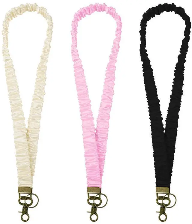 Main image of Stretchy Scrunchie Lanyards for ID Badges, Cute Stretchy Neck Lanyard Retractable Keychain Holder for Keys Teacher Women (Black+Beige+Pink)