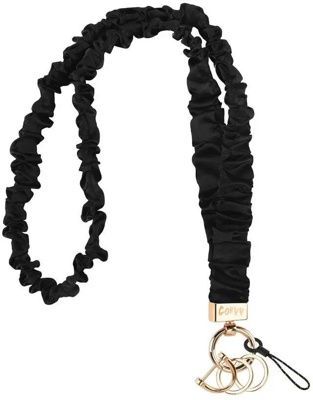 Main image of Stretchy Scrunchie Lanyard for ID Badges & Keys, Teacher Neck Lanyard with Retractable Keychain Cute & Durable for Women (Classic Black)