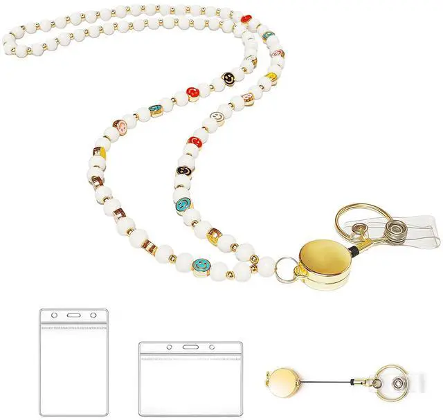 Main image of Retractable Wood Beaded Lanyards for Id Badges Holder, Teacher Breakaway Lanyard, Keychain Id Lanyard for Women