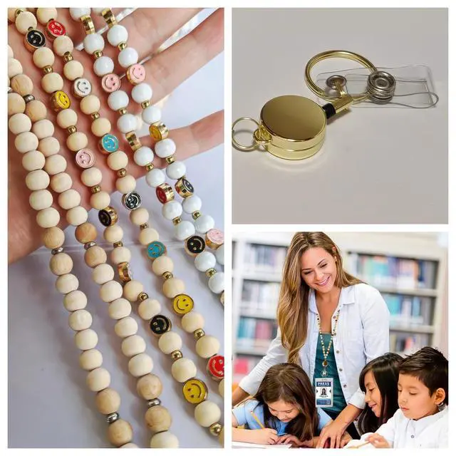 Alt view image 6 of 6 - Retractable Wood Beaded Lanyards for Id Badges Holder, Teacher Breakaway Lanyard, Keychain Id Lanyard for Women