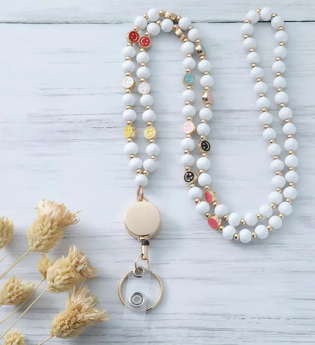Alt view image 3 of 6 - Retractable Wood Beaded Lanyards for Id Badges Holder, Teacher Breakaway Lanyard, Keychain Id Lanyard for Women
